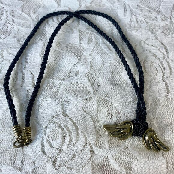 Vintage Fairy Goth Angel Wings Necklace Black Cord Short Bohemian Hippie - Picture 1 of 4